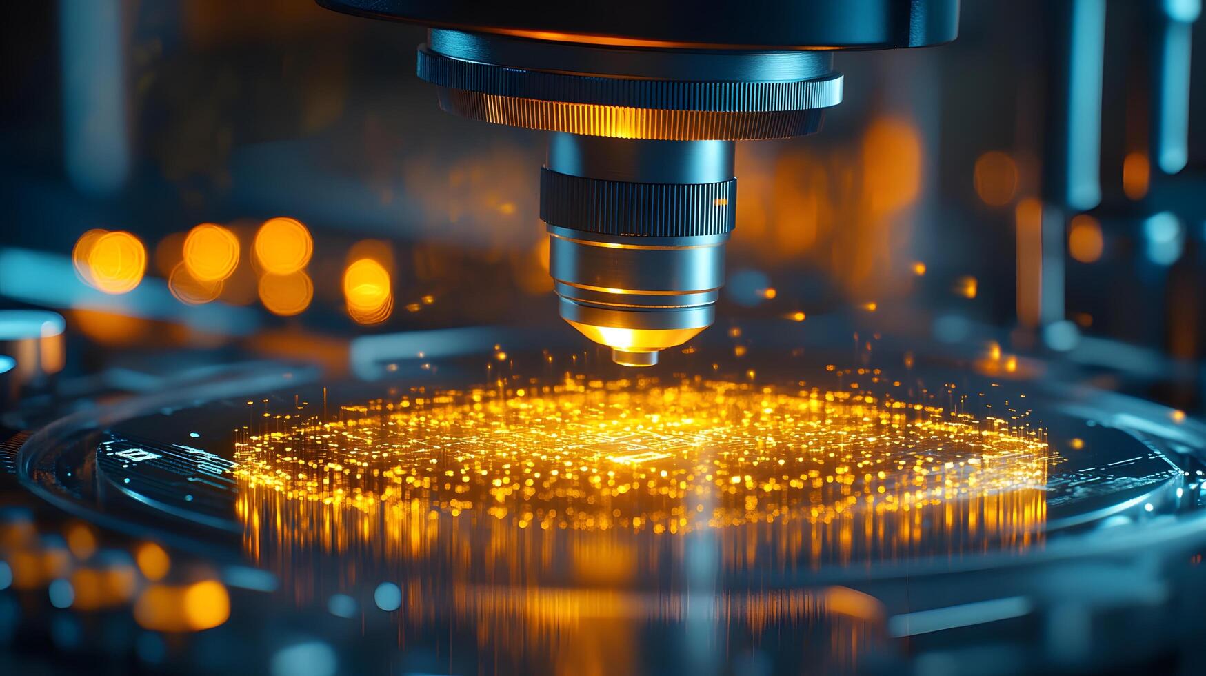 Integrated circuit manufacturing reveals extreme close-up of microchip assembly with golden components, blue technological ambiance, and precision engineering details. circuit photo
