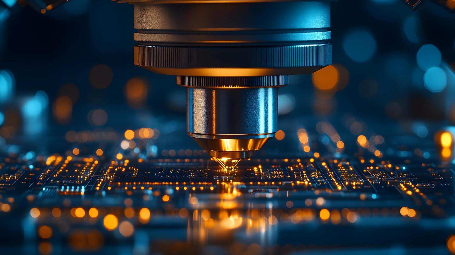 Integrated circuit manufacturing reveals extreme close-up of microchip assembly with golden components, blue technological ambiance, and precision engineering details. technological photo