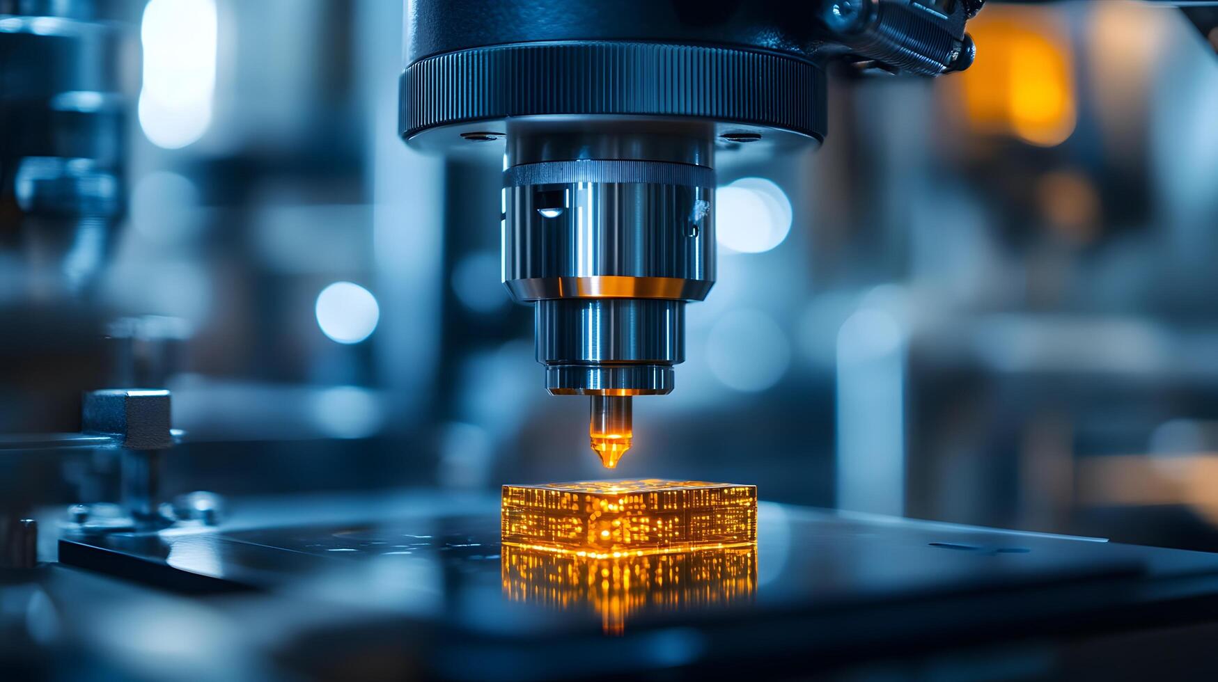 Integrated circuit manufacturing reveals extreme close-up of microchip assembly with golden components, blue technological ambiance, and precision engineering details. semiconductor photo