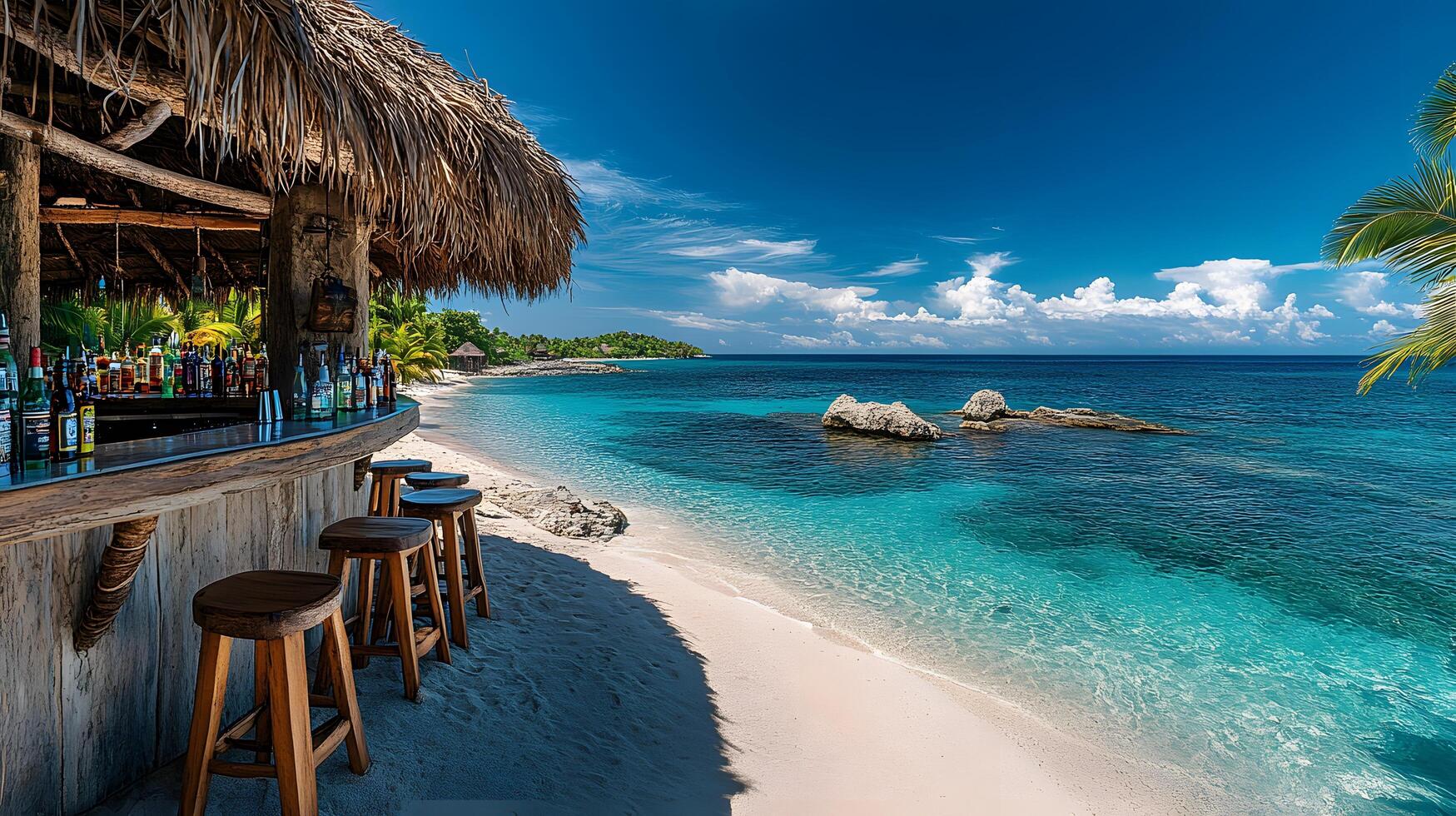 Private beach bar nestles in tropical paradise with thatched roof cabana, wooden stools, pristine white sand, turquoise waters, swaying palms, and panoramic ocean views under bright sky. panoramic photo