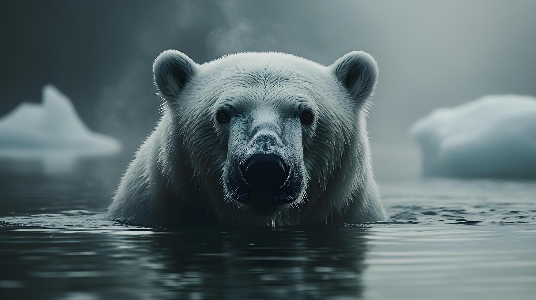 Majestic polar bear swims through arctic waters with misty icebergs behind, creating ethereal blue-white scene with crystal reflections and dramatic fog in National Geographic style. misty photo