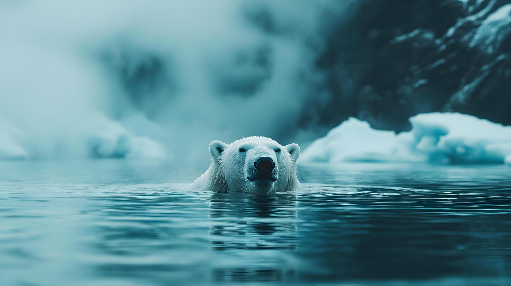 Majestic polar bear swims through arctic waters with misty icebergs behind, creating ethereal blue-white scene with crystal reflections and dramatic fog in National Geographic style. reflection photo
