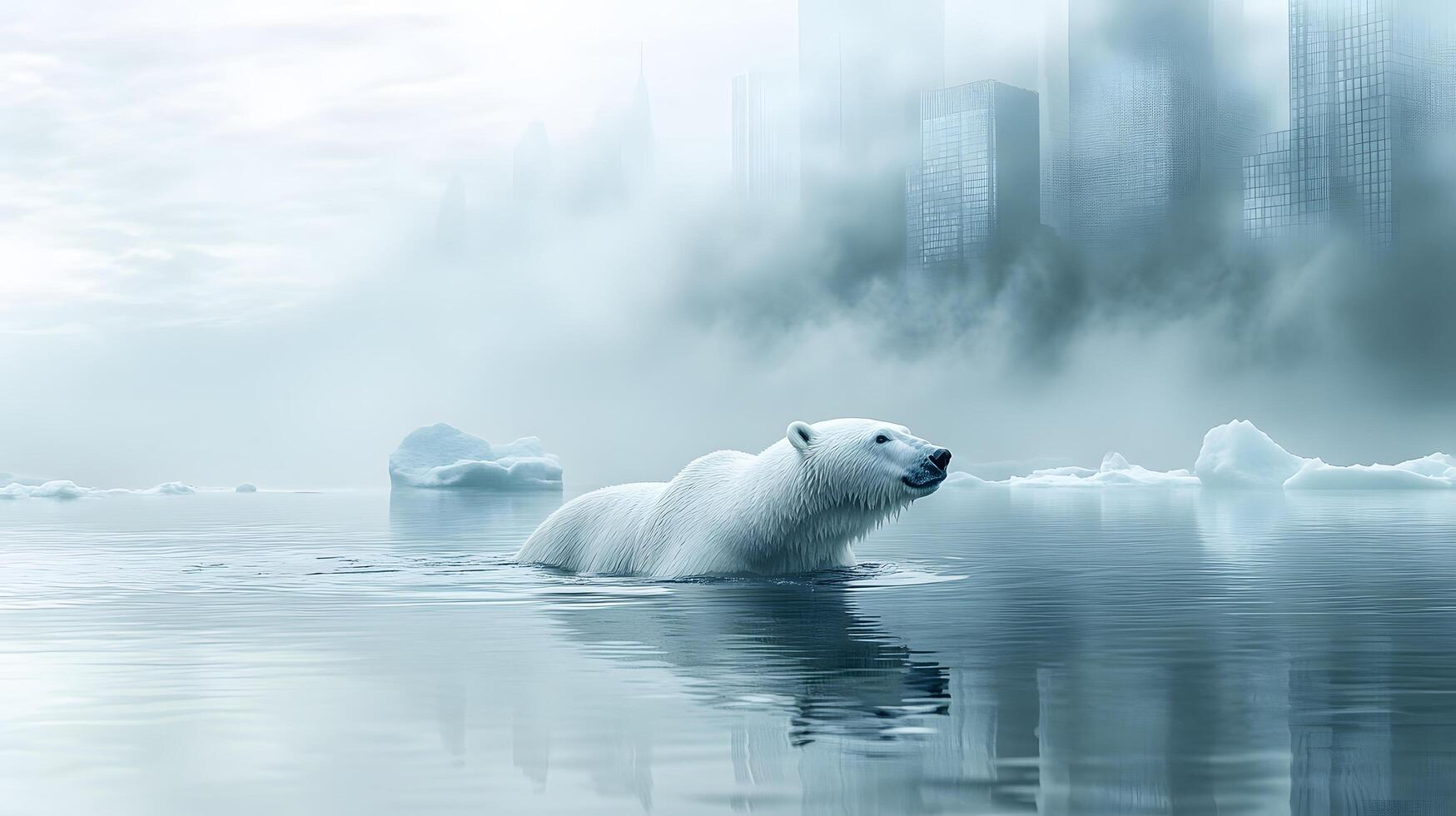 Majestic polar bear swims through arctic waters with misty icebergs behind, creating ethereal blue-white scene with crystal reflections and dramatic fog in National Geographic style. fog photo