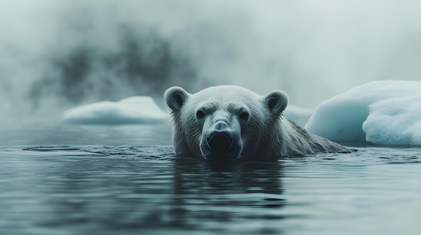 Majestic polar bear swims through arctic waters with misty icebergs behind, creating ethereal blue-white scene with crystal reflections and dramatic fog in National Geographic style. environment photo