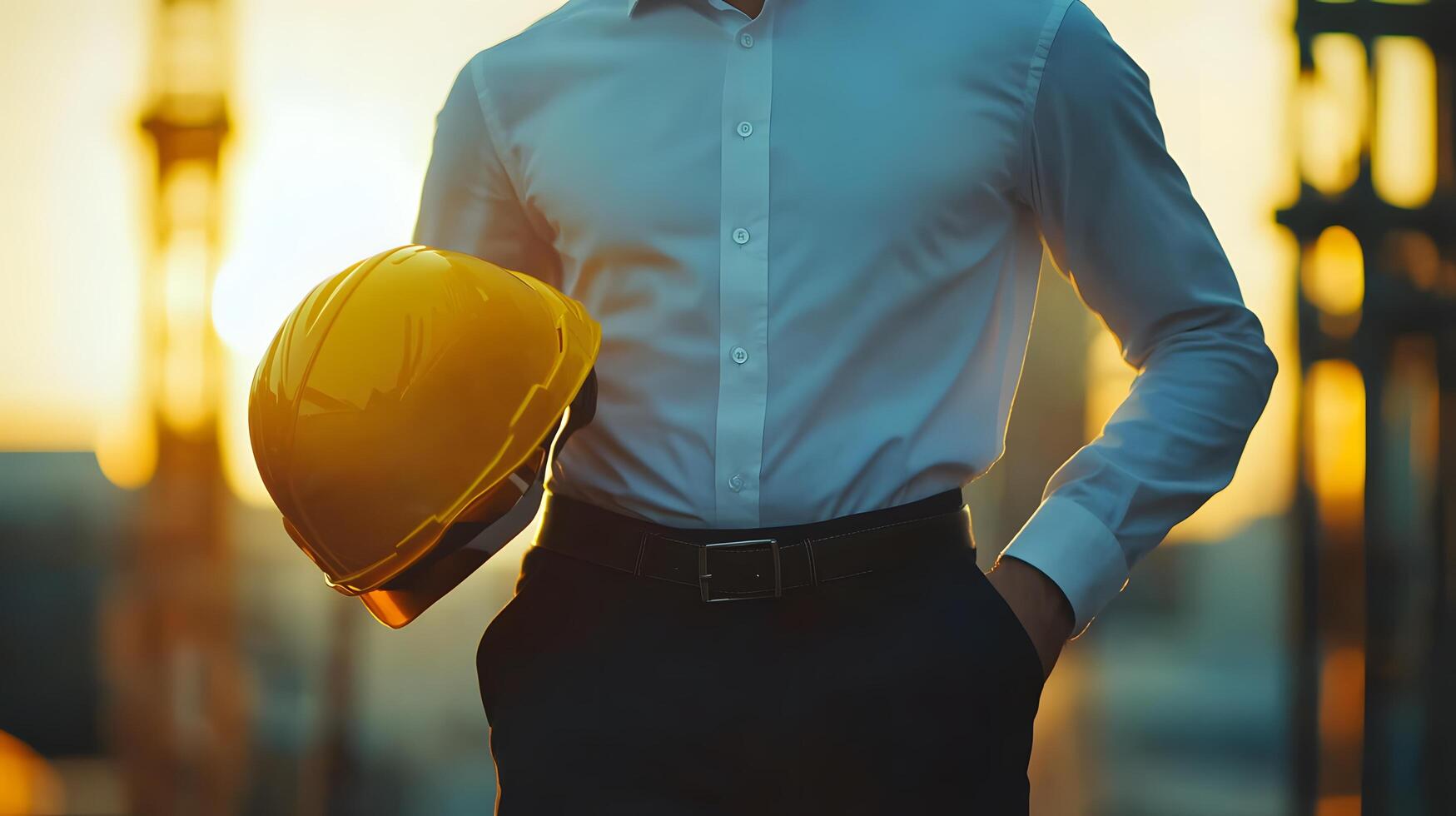 Professional wearing crisp white dress shirt holds yellow safety helmet, emphasizing workplace safety and engineering themes with natural lighting and gentle lens flare. builder photo