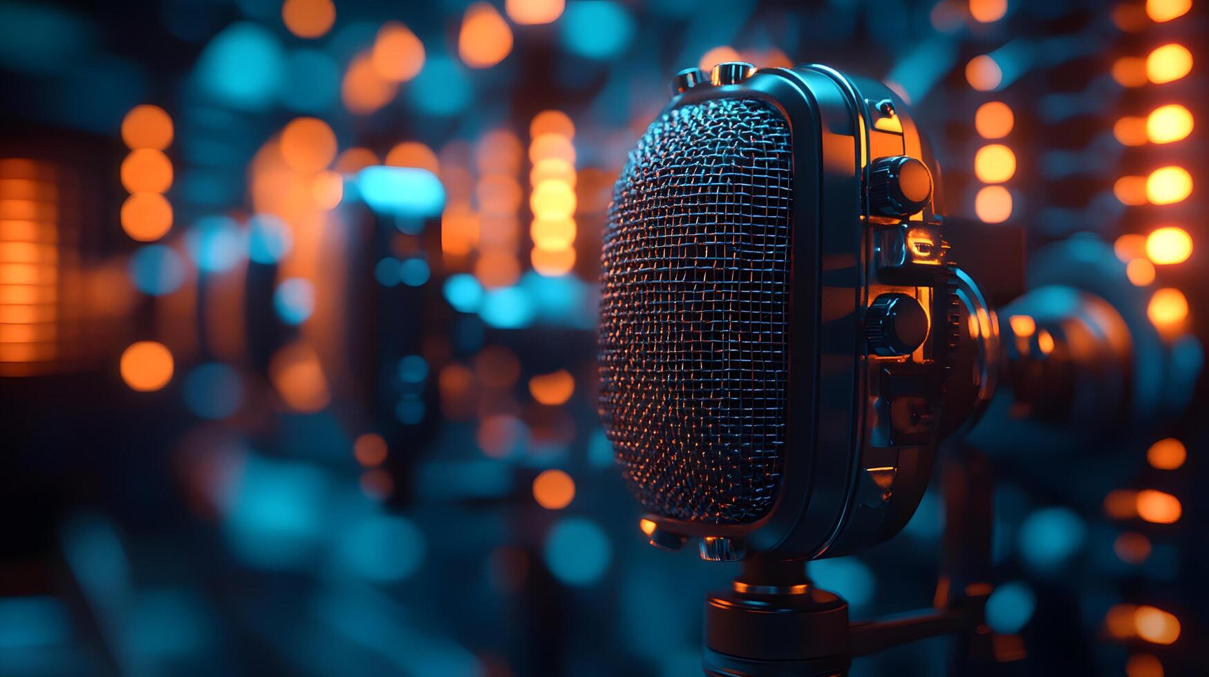 Professional microphone setup emphasizes broadcast journalism with blurred audience background, featuring metallic mesh detail and multiple microphones in dramatic lighting. live photo