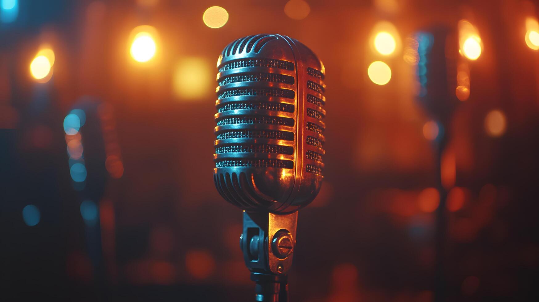 Professional microphone setup emphasizes broadcast journalism with blurred audience background, featuring metallic mesh detail and multiple microphones in dramatic lighting. journalism photo