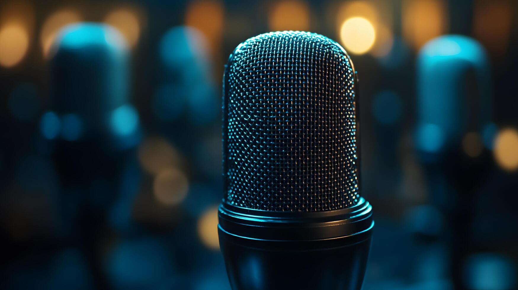 Professional microphone setup emphasizes broadcast journalism with blurred audience background, featuring metallic mesh detail and multiple microphones in dramatic lighting. microphone photo