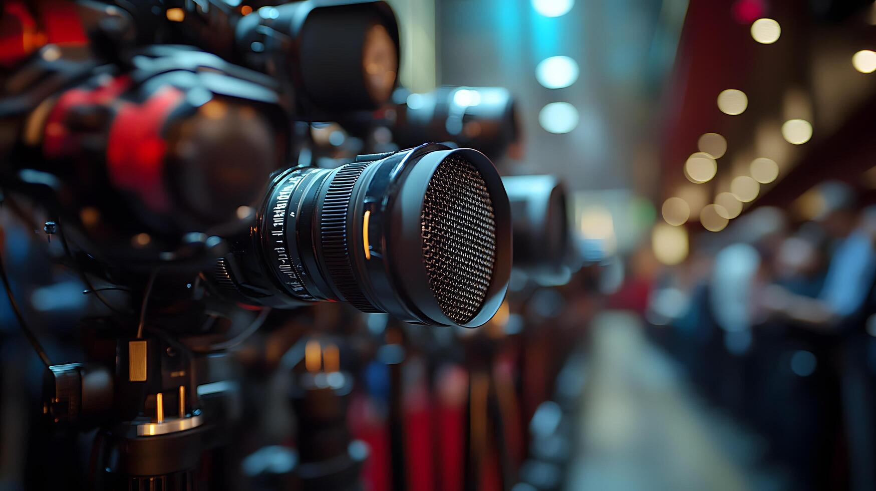 Professional microphone setup emphasizes broadcast journalism with blurred audience background, featuring metallic mesh detail and multiple microphones in dramatic lighting. mesh photo