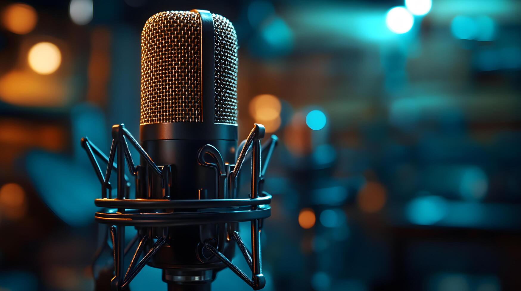 Professional microphone setup emphasizes broadcast journalism with blurred audience background, featuring metallic mesh detail and multiple microphones in dramatic lighting. professional photo