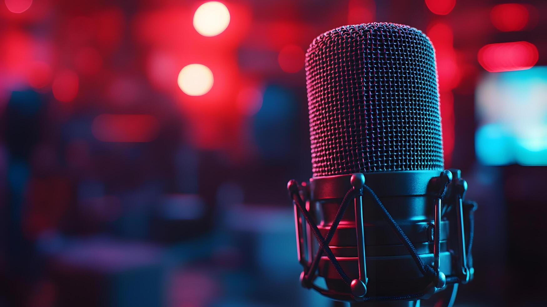Professional microphone setup emphasizes broadcast journalism with blurred audience background, featuring metallic mesh detail and multiple microphones in dramatic lighting. media photo