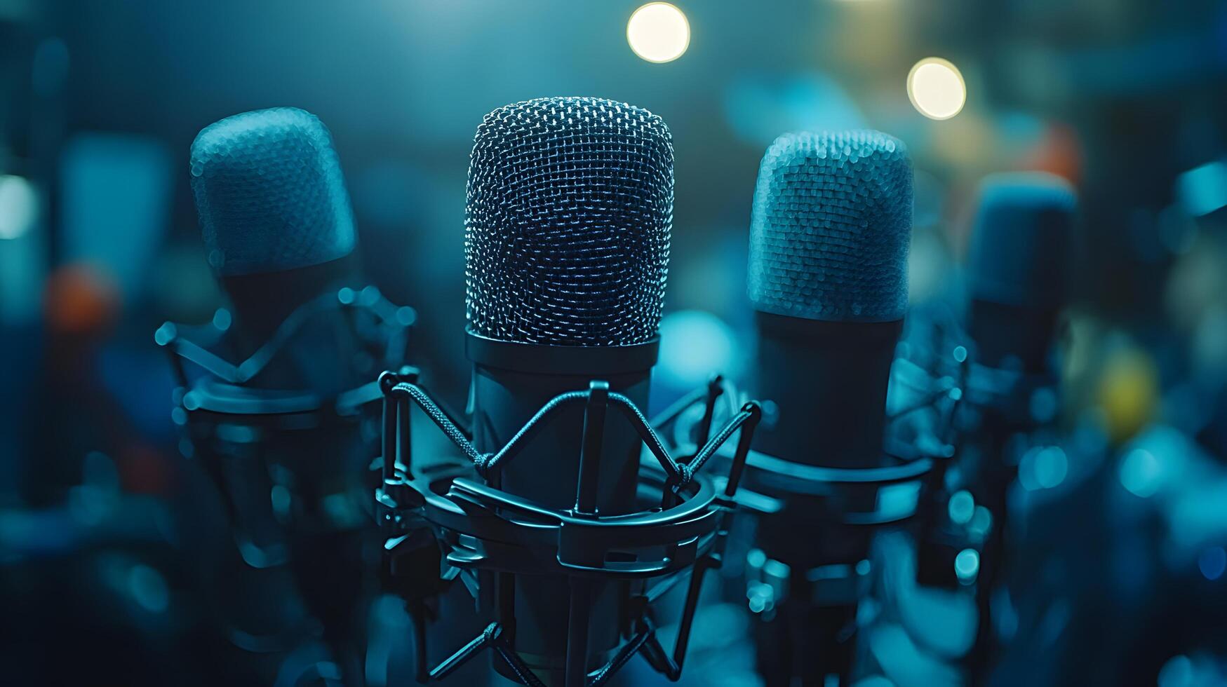 Professional microphone setup emphasizes broadcast journalism with blurred audience background, featuring metallic mesh detail and multiple microphones in dramatic lighting. audio photo