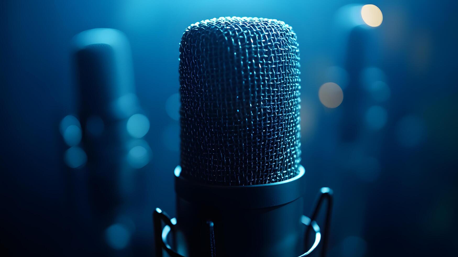 Professional microphone setup emphasizes broadcast journalism with blurred audience background, featuring metallic mesh detail and multiple microphones in dramatic lighting. sound photo