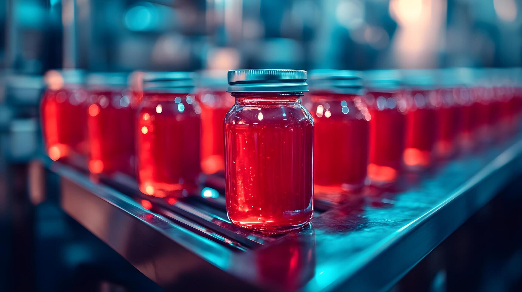 Red glass ketchup jars move along conveyor belt in industrial setting, highlighting food production automation with metallic blue tones and translucent red liquid. packaging photo