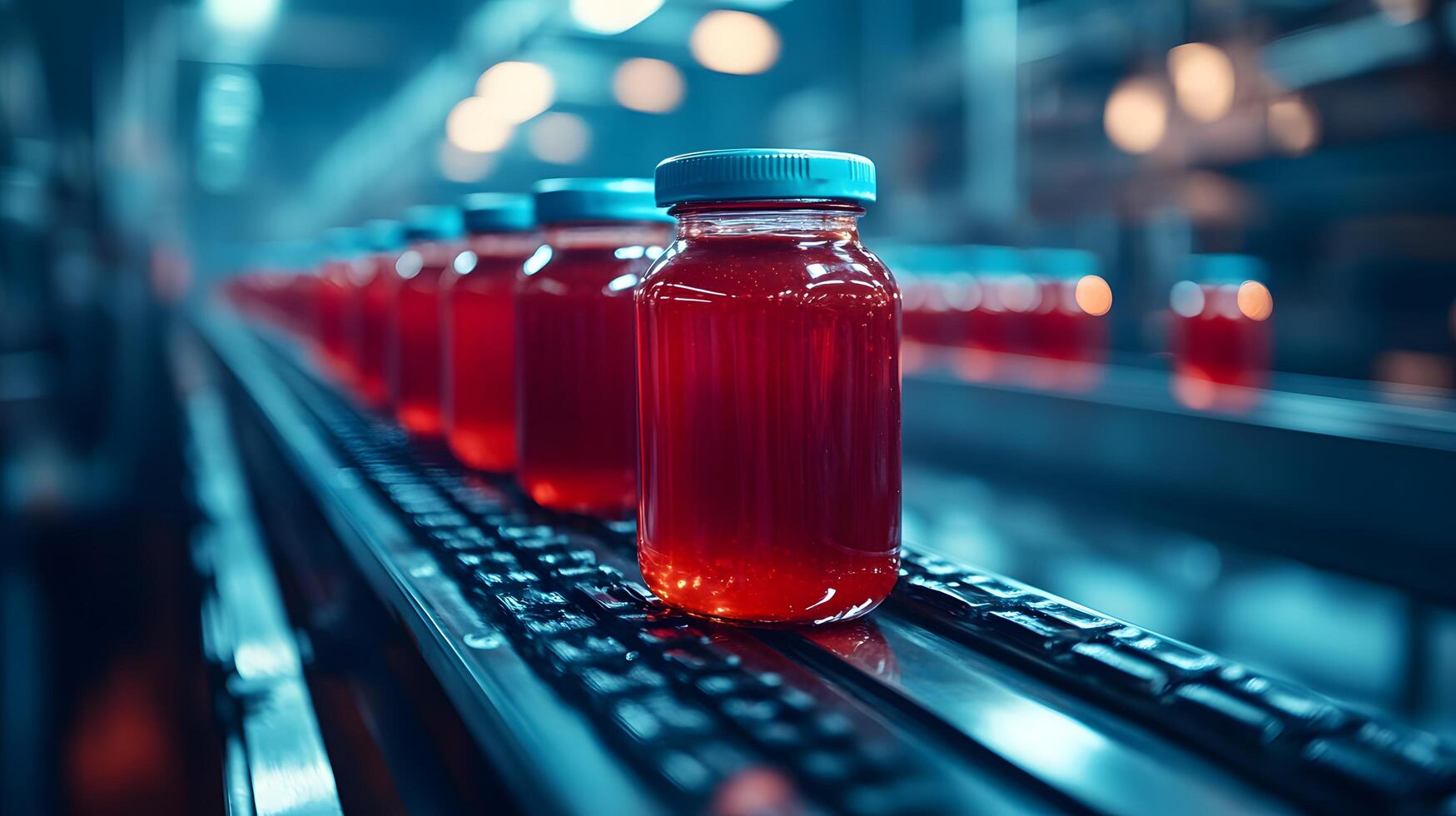 Red glass ketchup jars move along conveyor belt in industrial setting, highlighting food production automation with metallic blue tones and translucent red liquid. filling photo