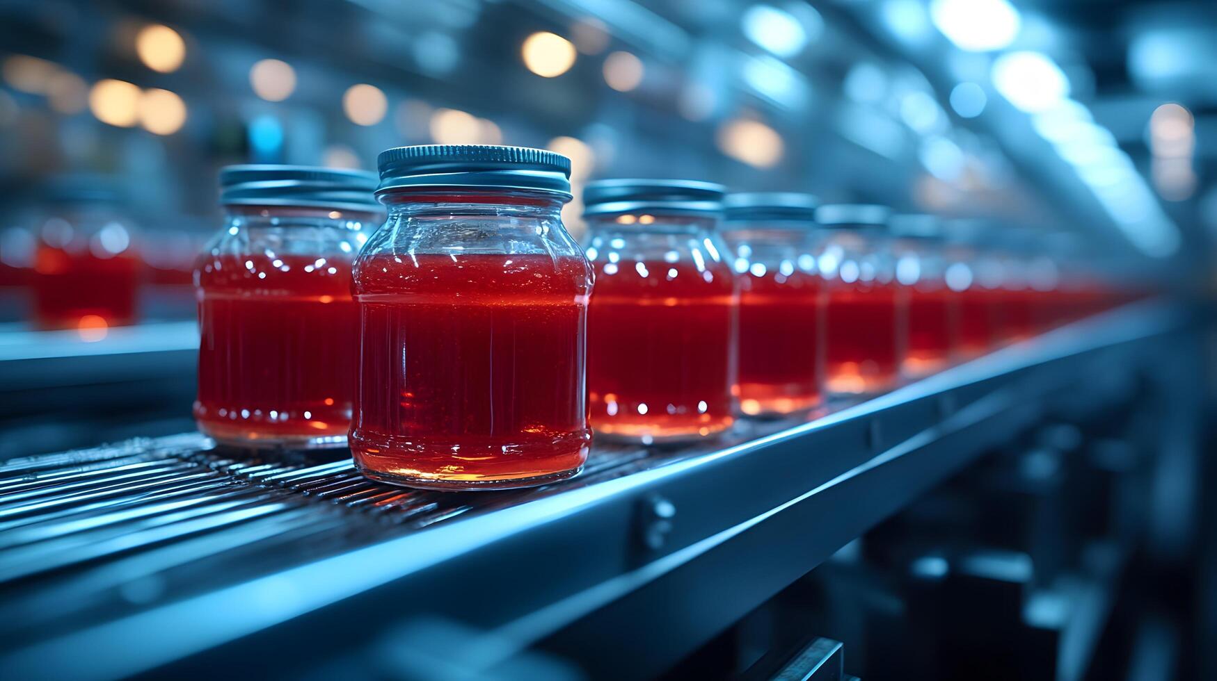 Red glass ketchup jars move along conveyor belt in industrial setting, highlighting food production automation with metallic blue tones and translucent red liquid. bottling photo