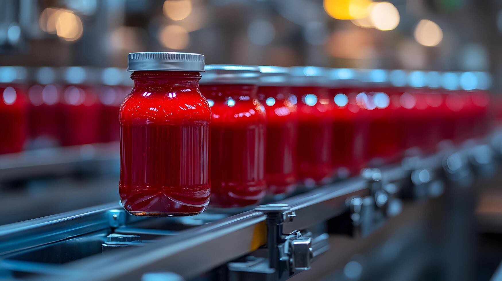 Red glass ketchup jars move along conveyor belt in industrial setting, highlighting food production automation with metallic blue tones and translucent red liquid. sealing photo