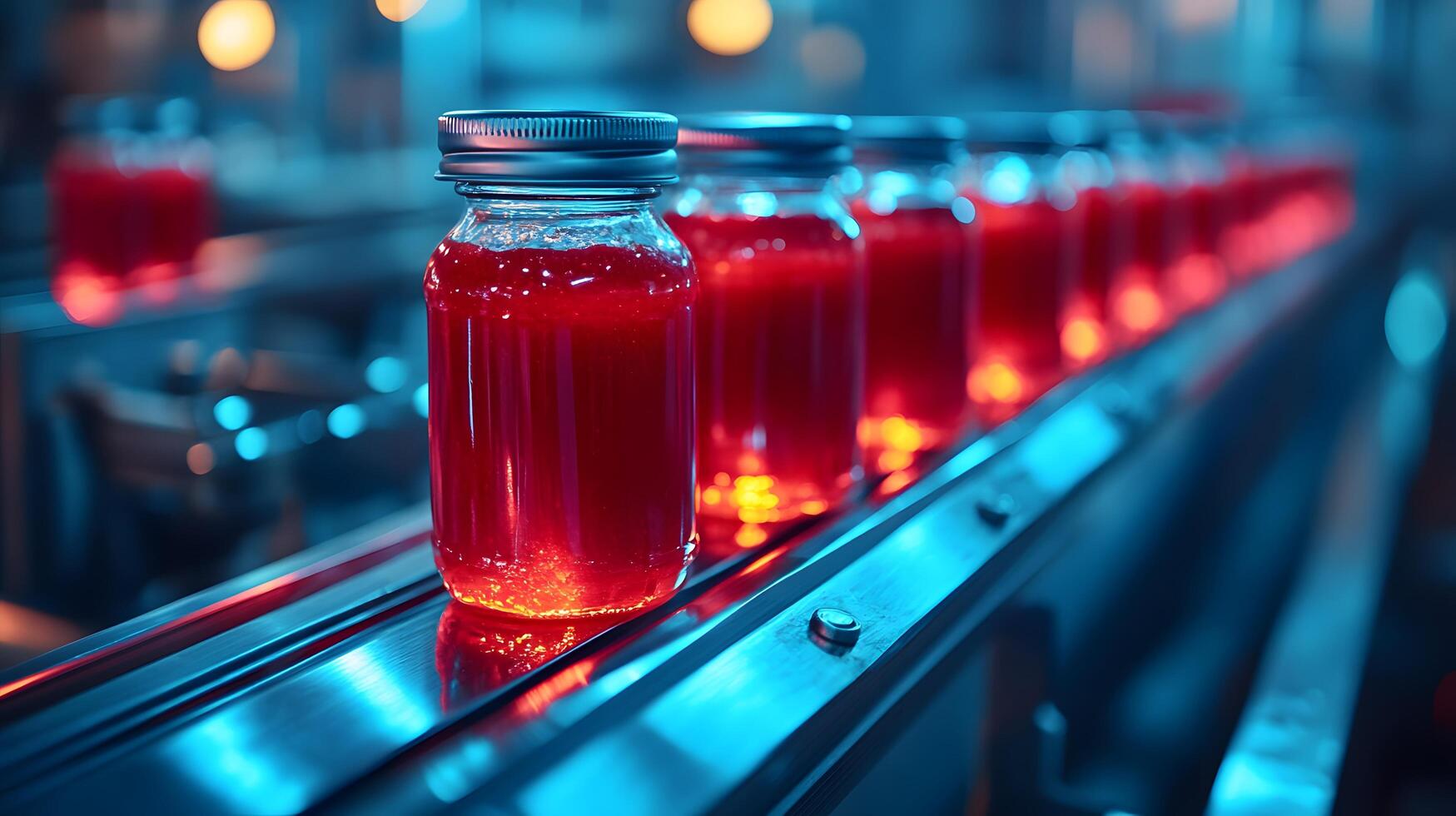 Red glass ketchup jars move along conveyor belt in industrial setting, highlighting food production automation with metallic blue tones and translucent red liquid. labeling photo