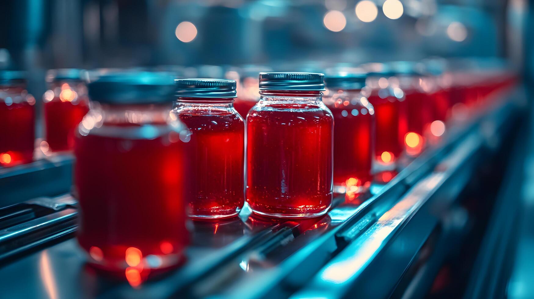 Red glass ketchup jars move along conveyor belt in industrial setting, highlighting food production automation with metallic blue tones and translucent red liquid. inspecting photo