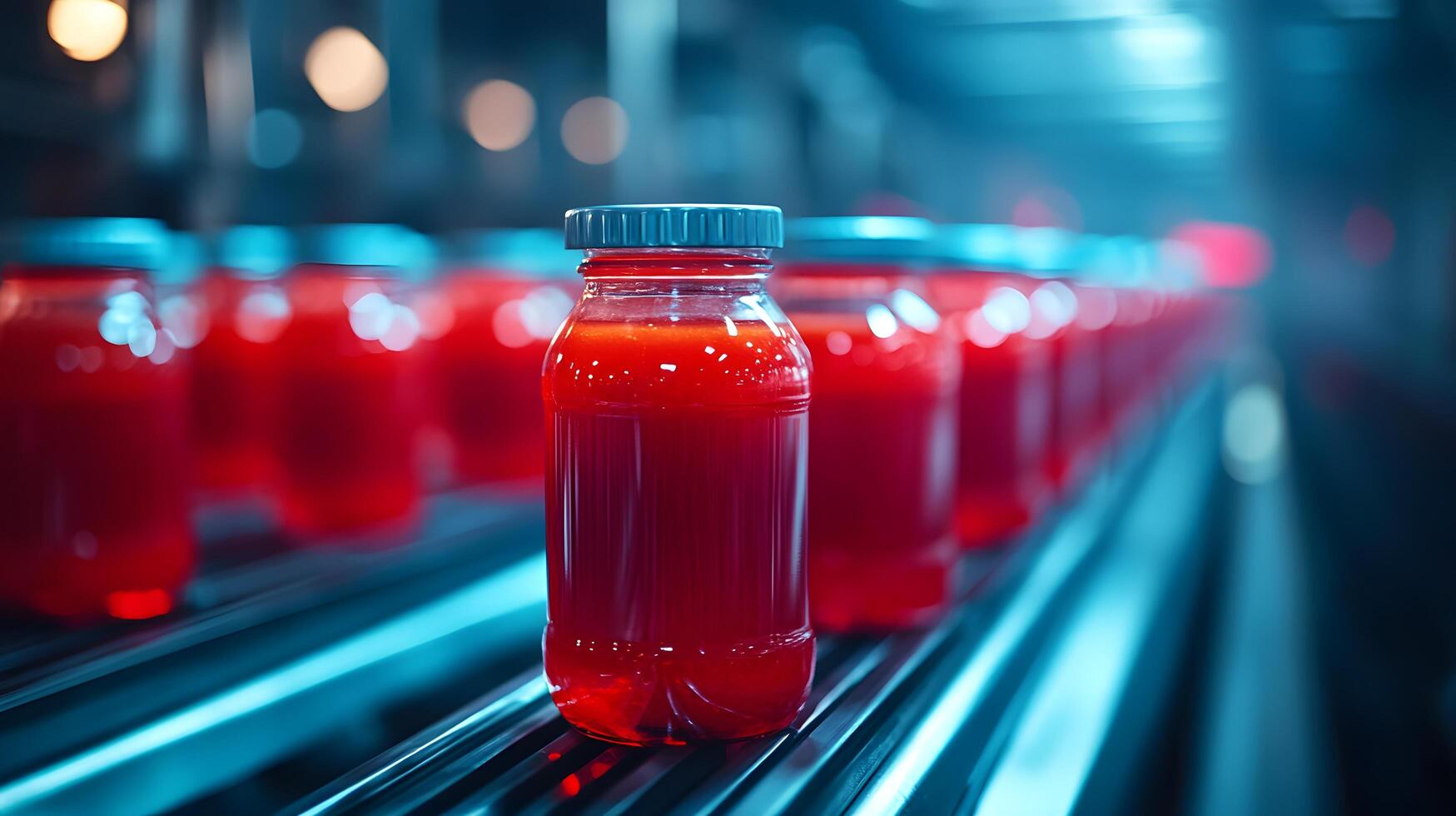 Red glass ketchup jars move along conveyor belt in industrial setting, highlighting food production automation with metallic blue tones and translucent red liquid. control photo