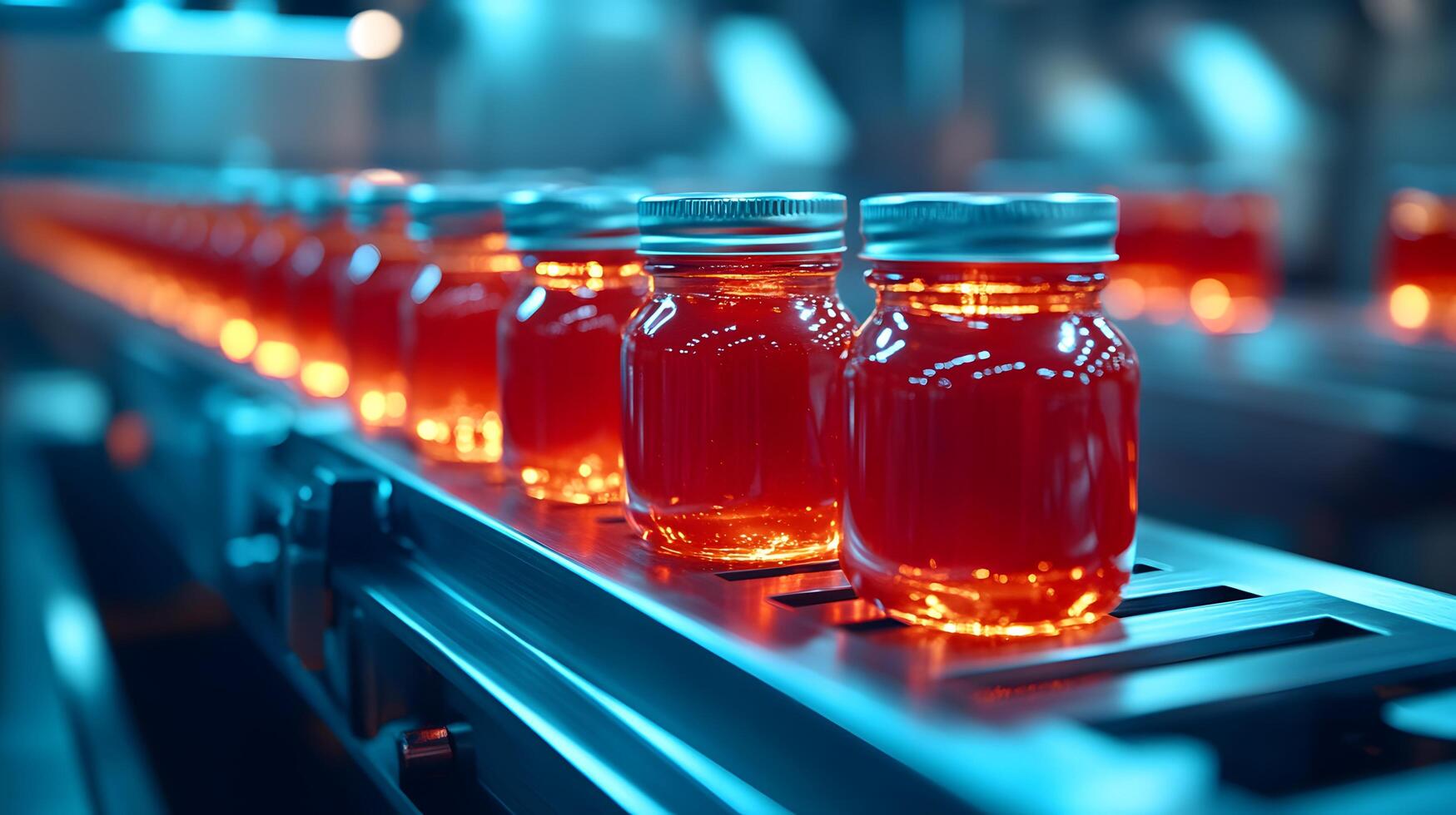Red glass ketchup jars move along conveyor belt in industrial setting, highlighting food production automation with metallic blue tones and translucent red liquid. jars photo