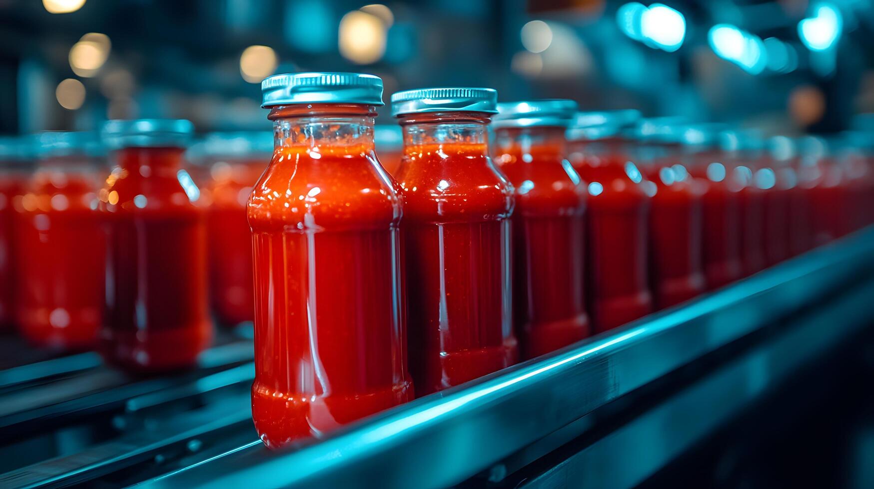 Red glass ketchup jars move along conveyor belt in industrial setting, highlighting food production automation with metallic blue tones and translucent red liquid. ketchup photo