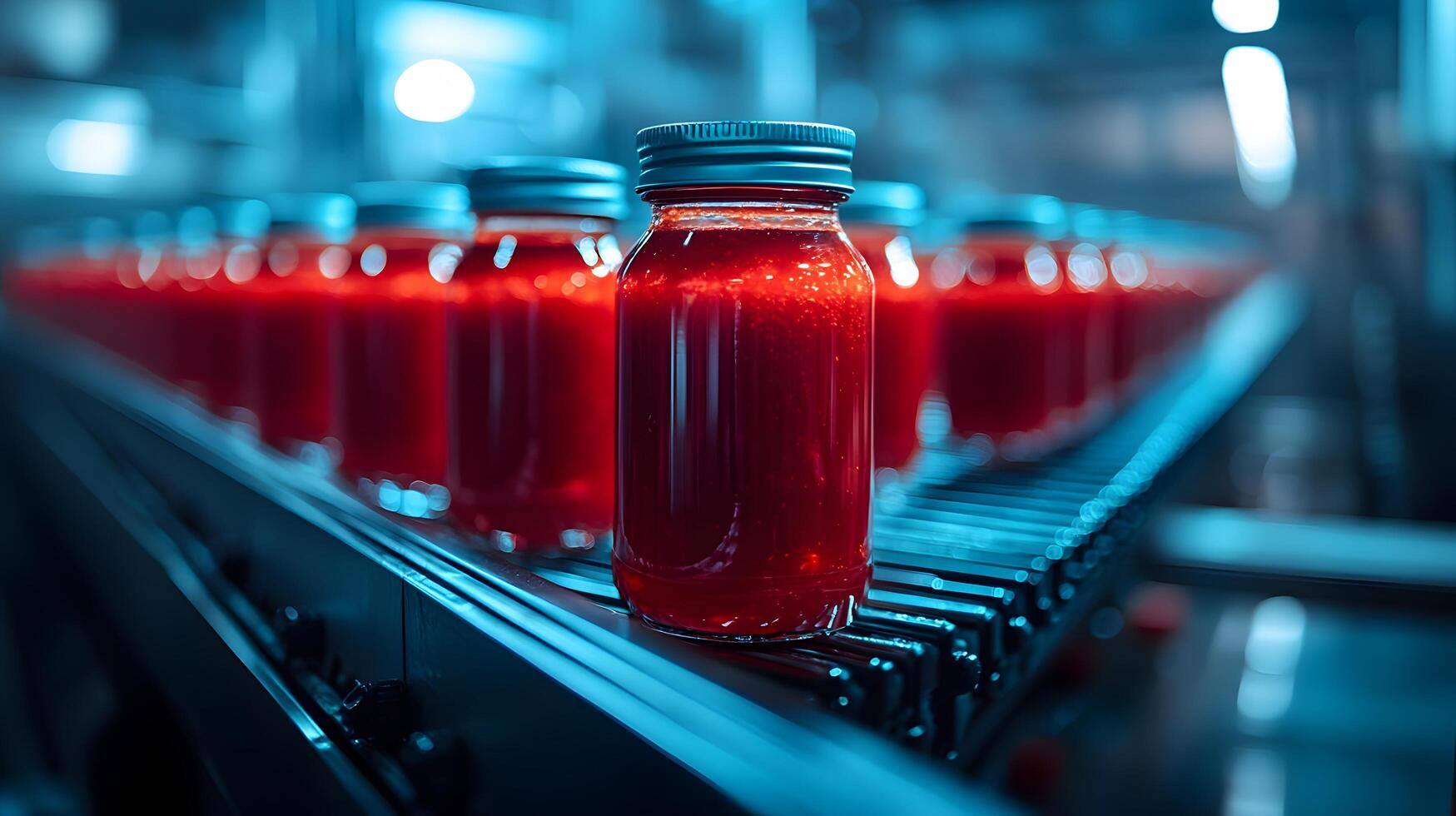 Red glass ketchup jars move along conveyor belt in industrial setting, highlighting food production automation with metallic blue tones and translucent red liquid. sanitation photo