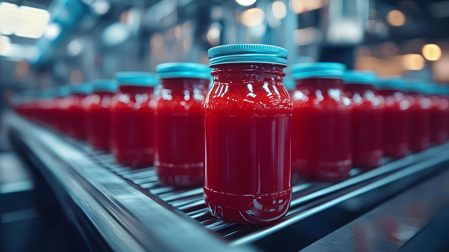 Red glass ketchup jars move along conveyor belt in industrial setting, highlighting food production automation with metallic blue tones and translucent red liquid. production photo