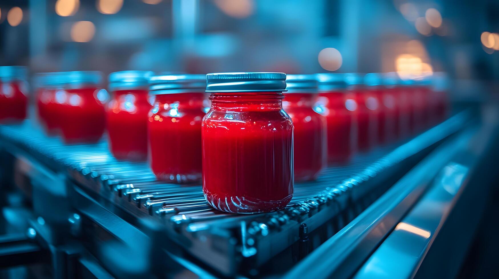 Red glass ketchup jars move along conveyor belt in industrial setting, highlighting food production automation with metallic blue tones and translucent red liquid. belt photo