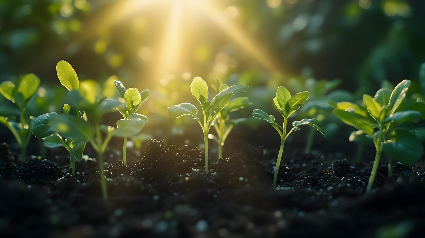 Sunbeams pierce through young green seedlings in magical morning light, showcasing delicate sprouts emerging from rich soil with ethereal glow and soft bokeh effect. life photo