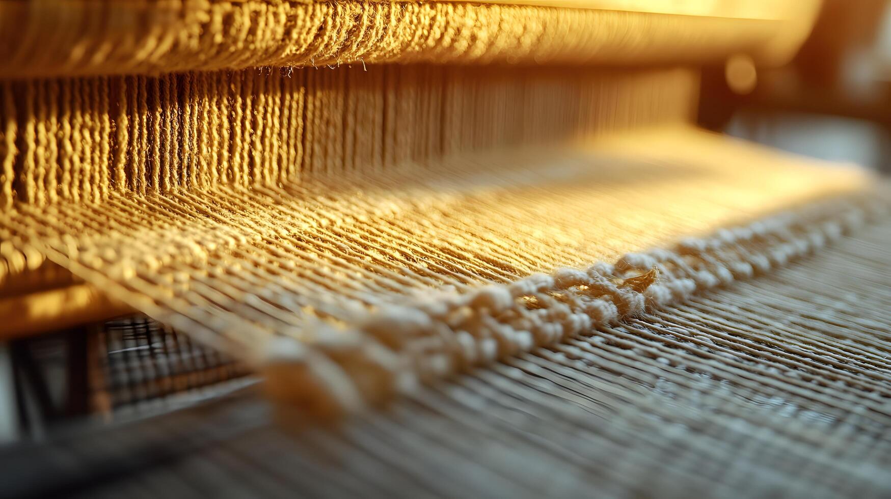Traditional weaving loom displays delicate beige threads in artisanal textile production, capturing handcrafted fabric details with warm lighting and dreamy atmosphere. beige photo