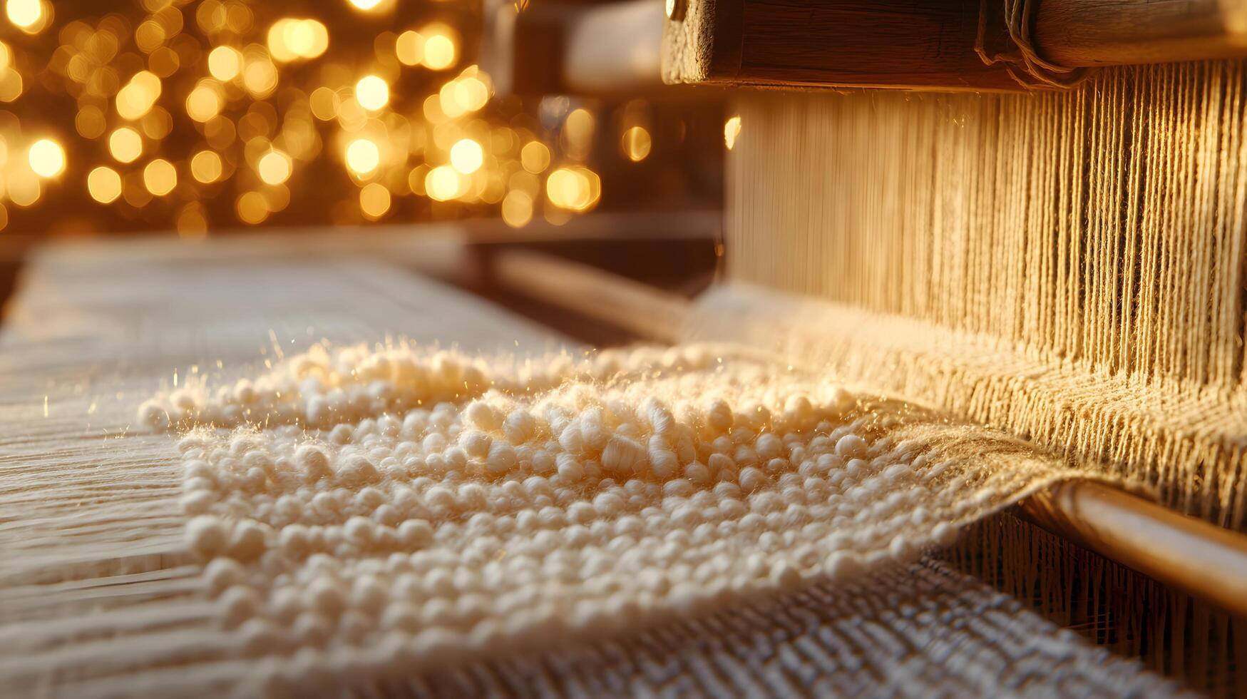 Traditional weaving loom displays delicate beige threads in artisanal textile production, capturing handcrafted fabric details with warm lighting and dreamy atmosphere. textile photo
