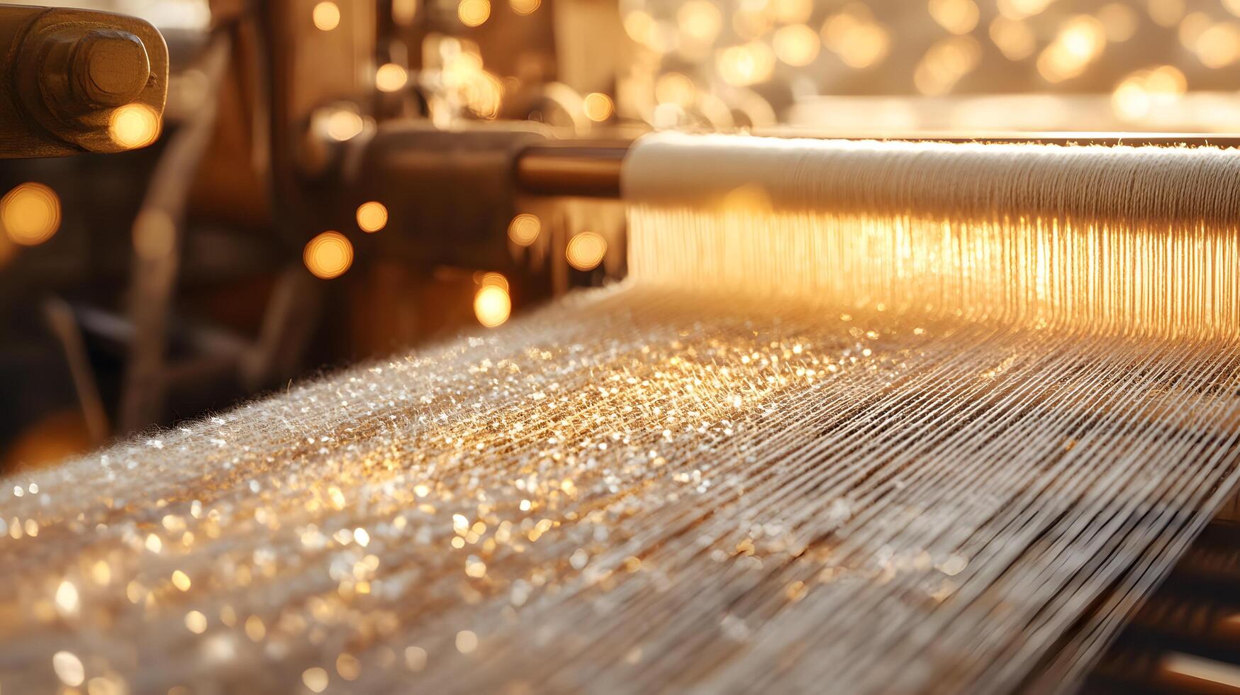 Traditional weaving loom displays delicate beige threads in artisanal textile production, capturing handcrafted fabric details with warm lighting and dreamy atmosphere. handcrafted photo