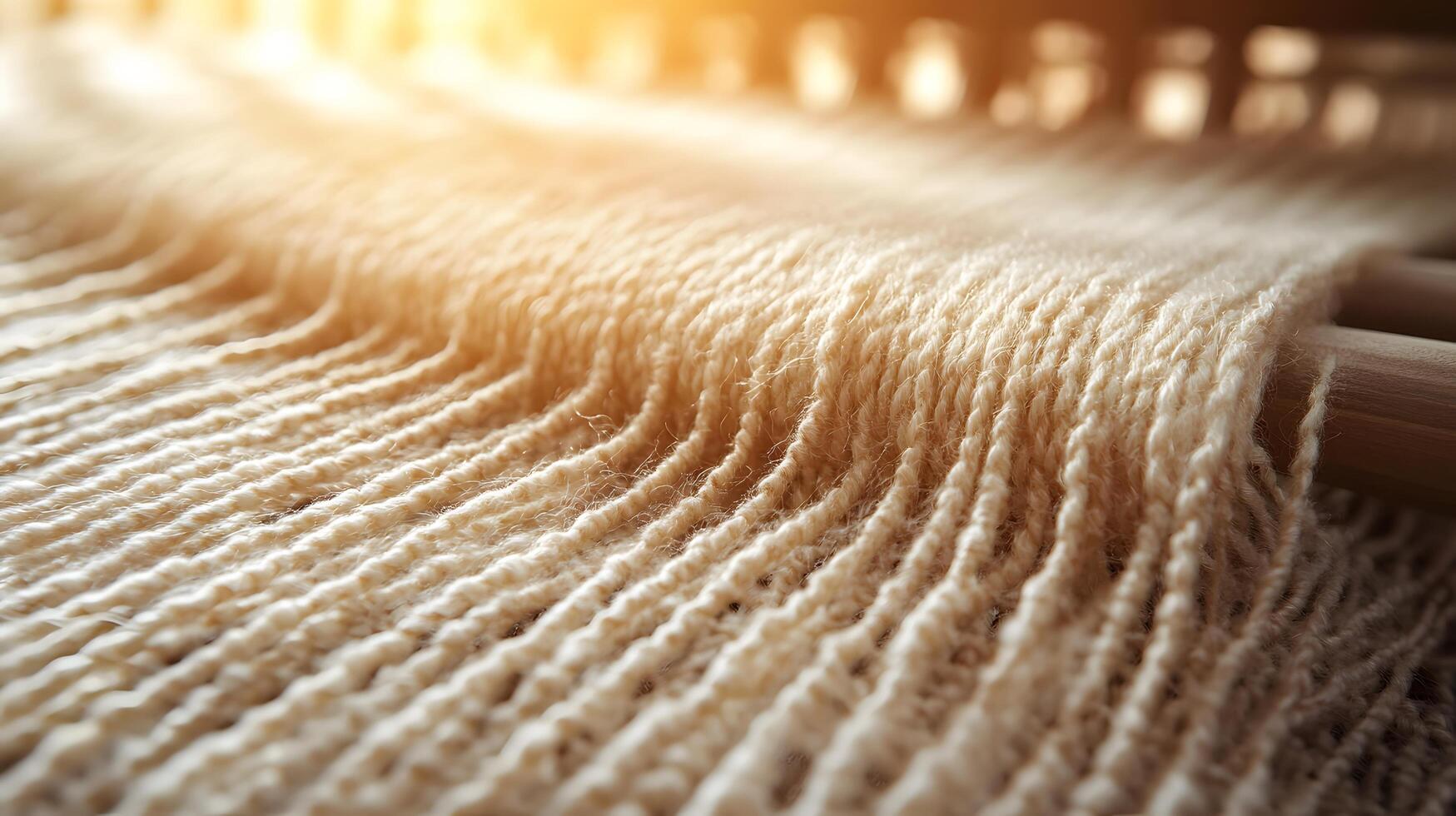 Traditional weaving loom displays delicate beige threads in artisanal textile production, capturing handcrafted fabric details with warm lighting and dreamy atmosphere. fabric photo