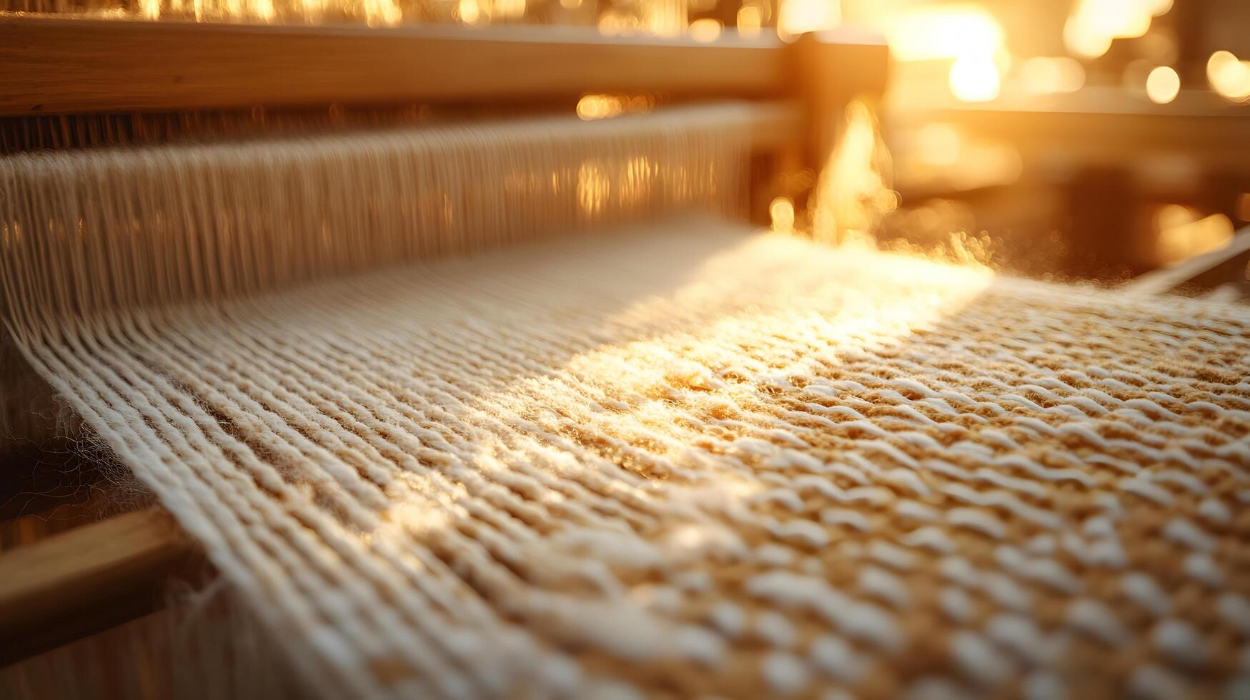 Traditional weaving loom displays delicate beige threads in artisanal textile production, capturing handcrafted fabric details with warm lighting and dreamy atmosphere. lighting photo