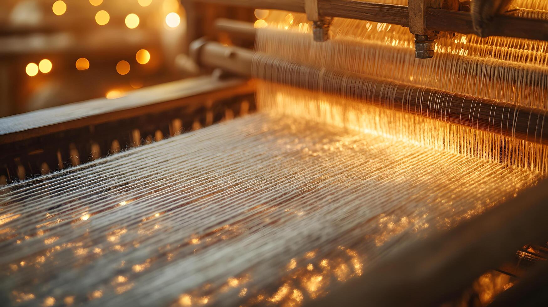 Traditional weaving loom displays delicate beige threads in artisanal textile production, capturing handcrafted fabric details with warm lighting and dreamy atmosphere. dreamy photo