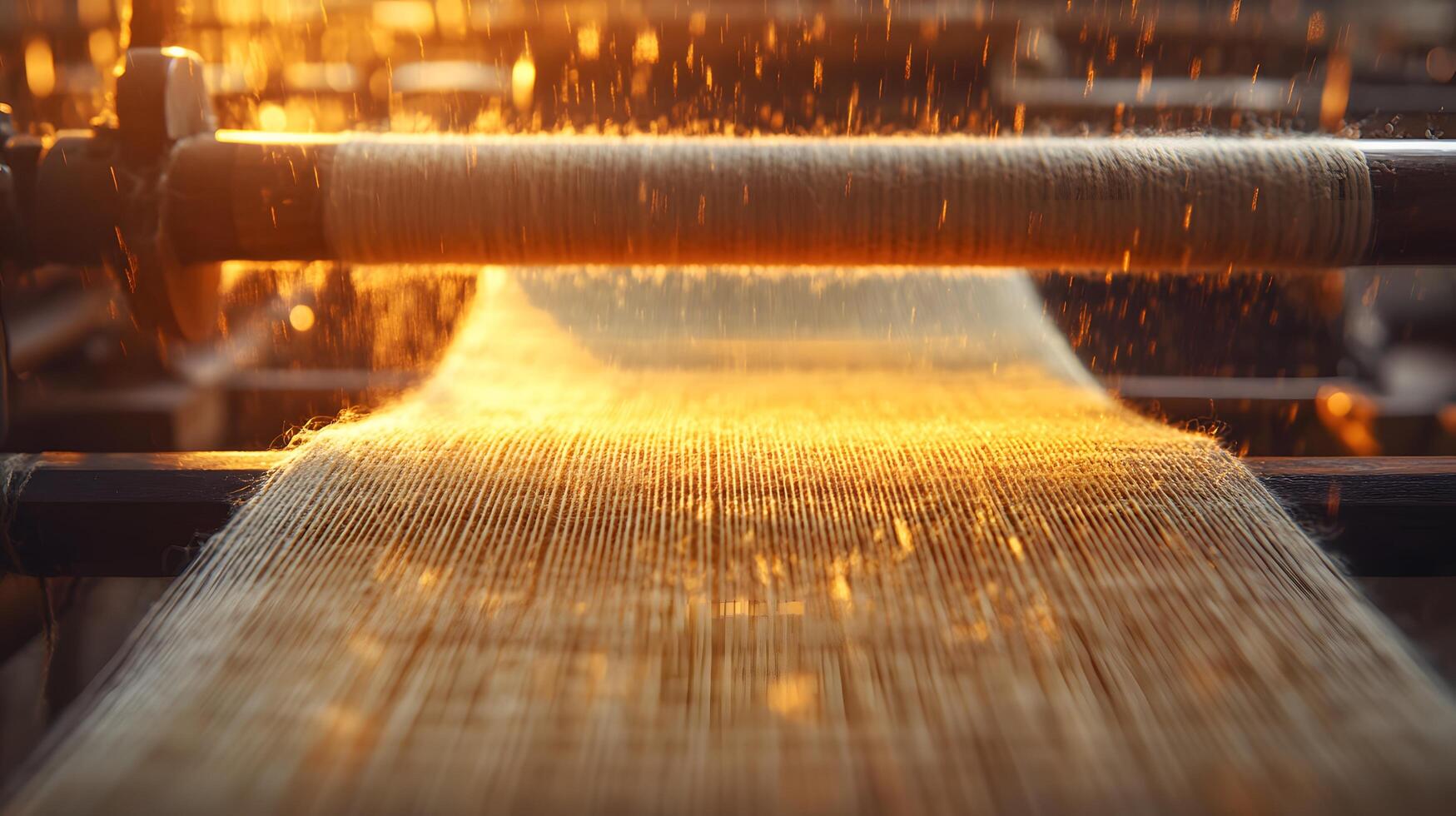 Traditional weaving loom displays delicate beige threads in artisanal textile production, capturing handcrafted fabric details with warm lighting and dreamy atmosphere. crafting photo
