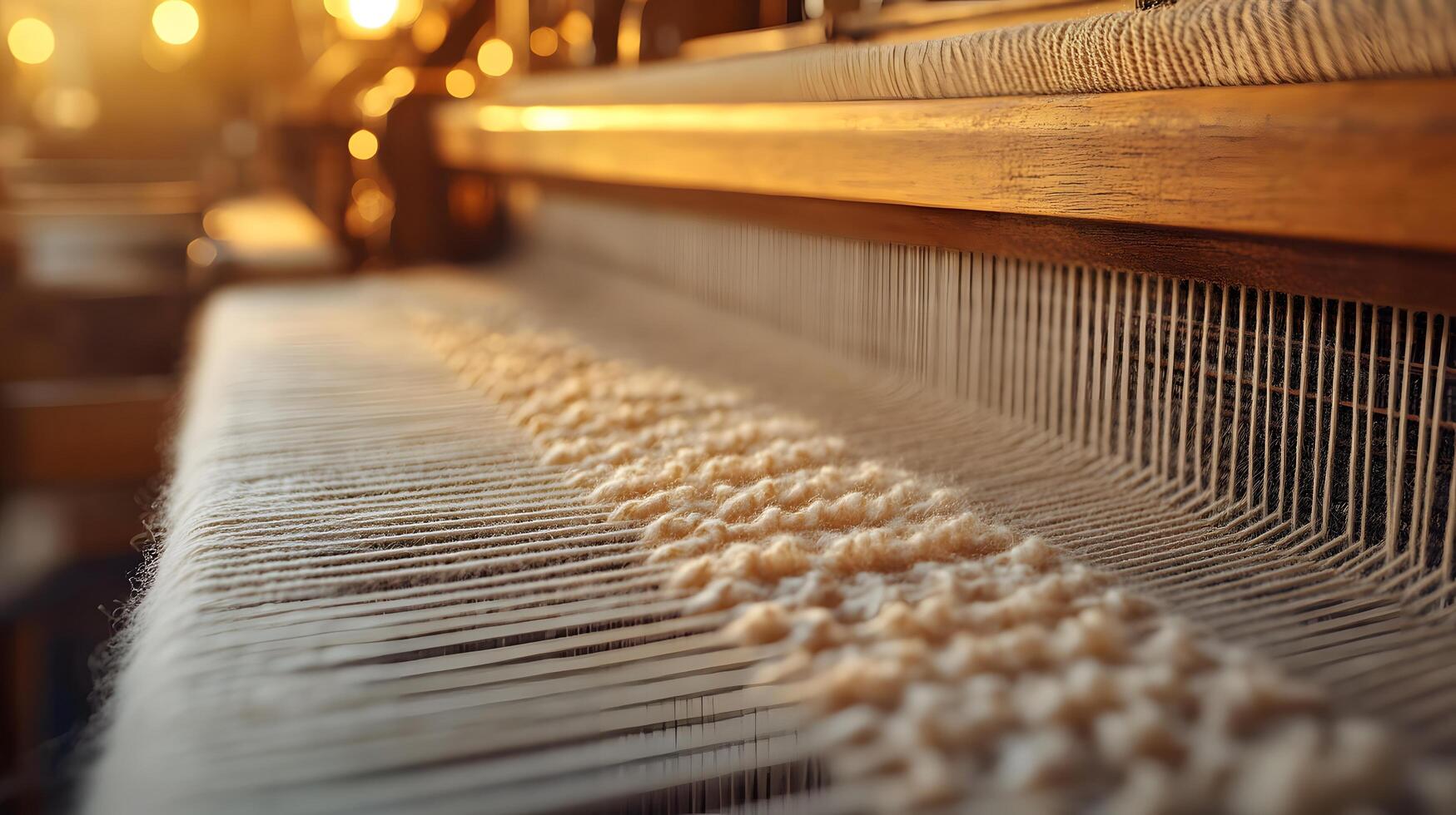 Traditional weaving loom displays delicate beige threads in artisanal textile production, capturing handcrafted fabric details with warm lighting and dreamy atmosphere. fiber photo