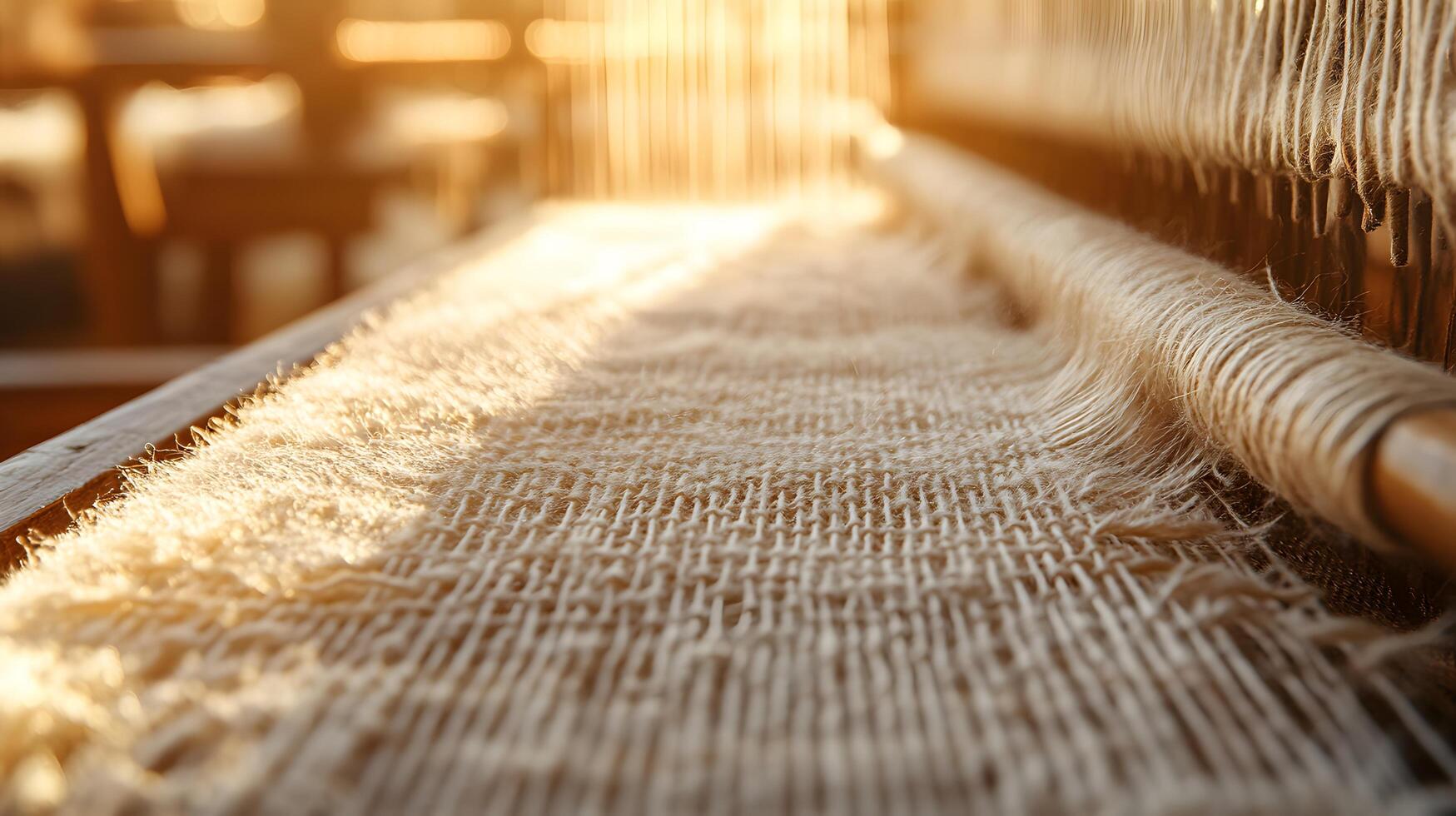 Traditional weaving loom displays delicate beige threads in artisanal textile production, capturing handcrafted fabric details with warm lighting and dreamy atmosphere. weaver photo