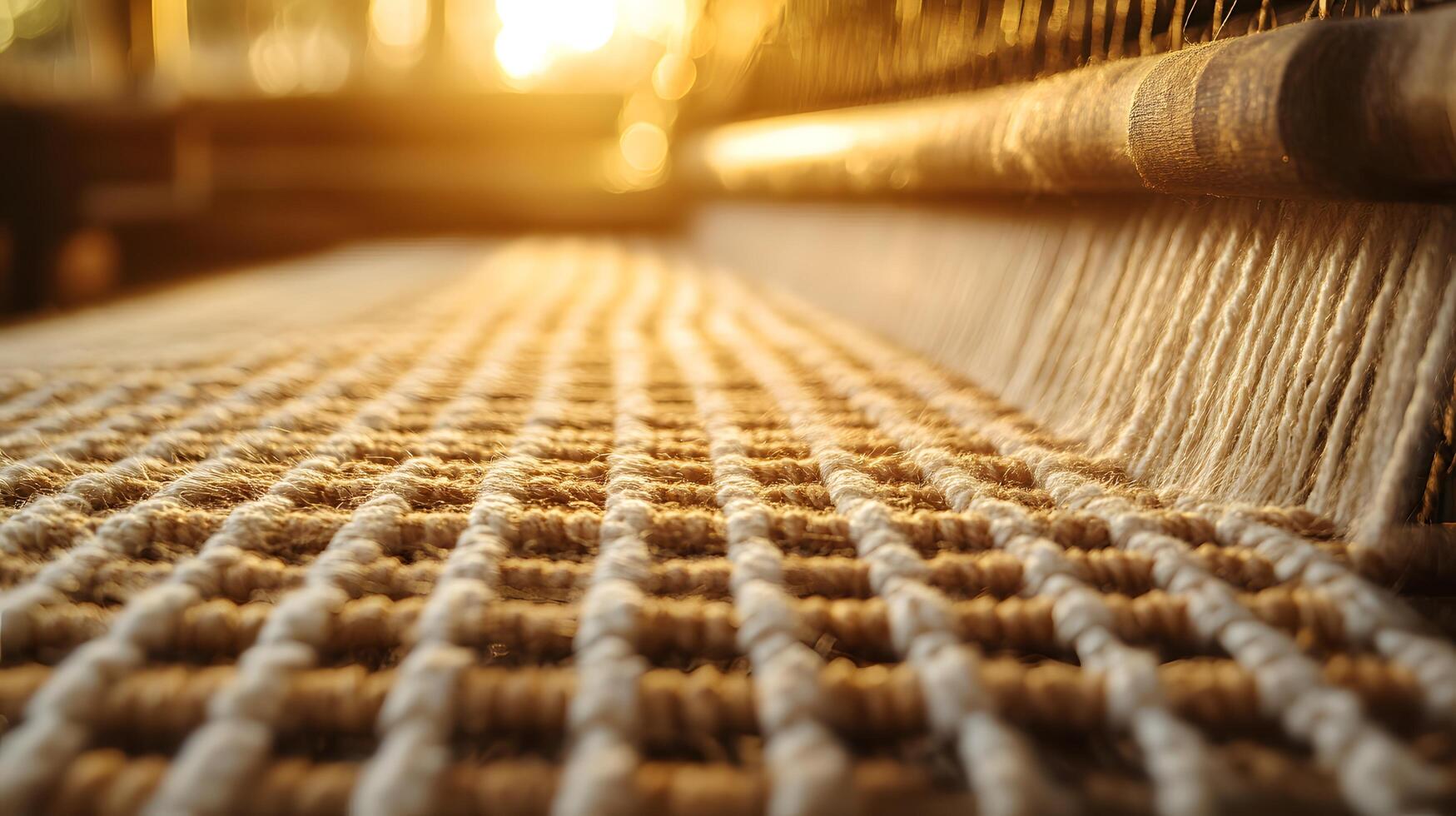 Traditional weaving loom displays delicate beige threads in artisanal textile production, capturing handcrafted fabric details with warm lighting and dreamy atmosphere. woven photo