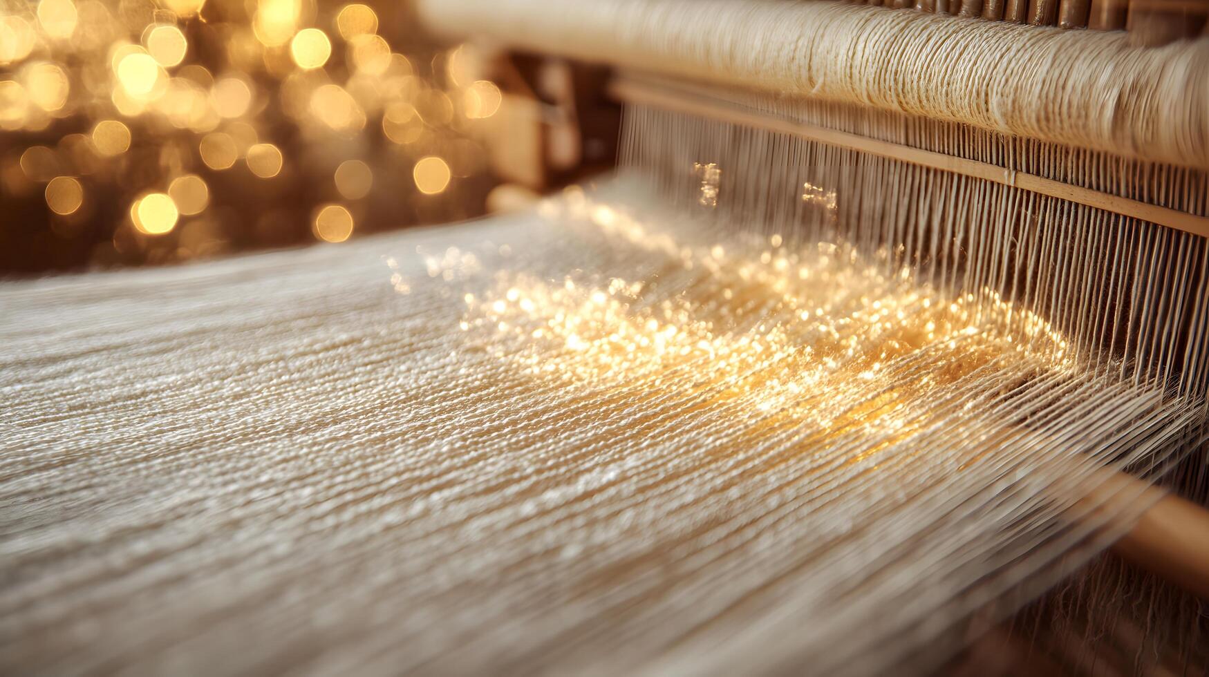 Traditional weaving loom displays delicate beige threads in artisanal textile production, capturing handcrafted fabric details with warm lighting and dreamy atmosphere. cotton photo