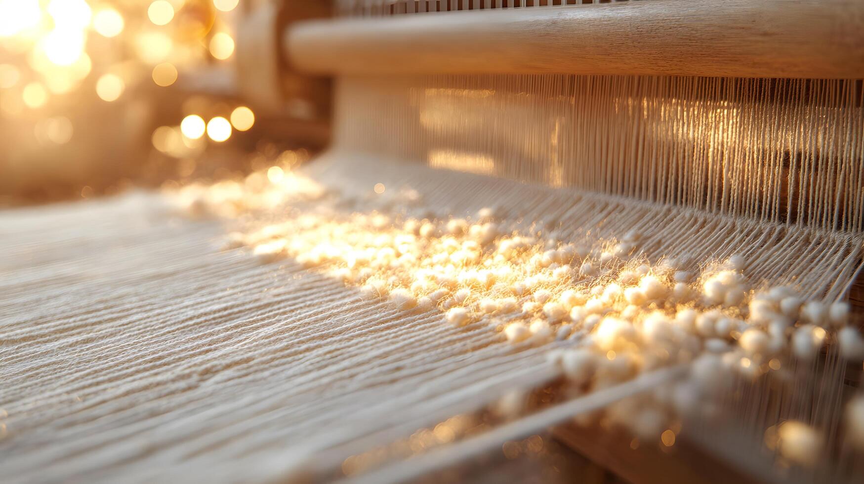 Traditional weaving loom displays delicate beige threads in artisanal textile production, capturing handcrafted fabric details with warm lighting and dreamy atmosphere. material photo