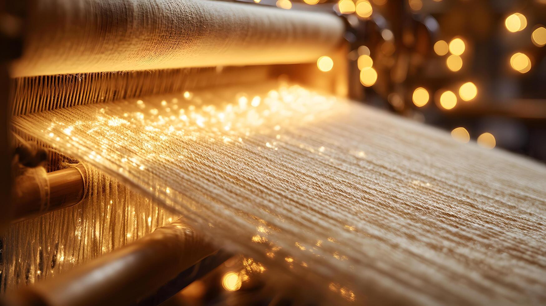 Traditional weaving loom displays delicate beige threads in artisanal textile production, capturing handcrafted fabric details with warm lighting and dreamy atmosphere. artistry photo