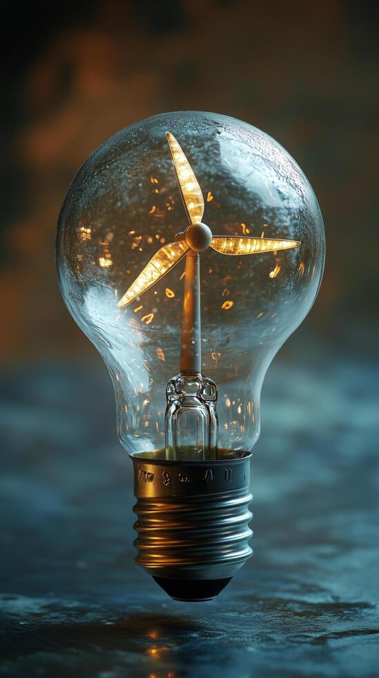 Innovative light bulb design featuring a wind turbine inside for sustainable energy. photo