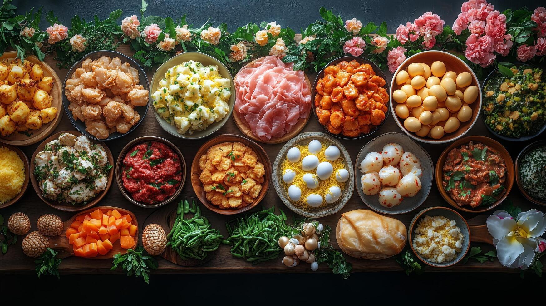 Colorful spread of various dishes and appetizers on a wooden table decorated with flowers. photo