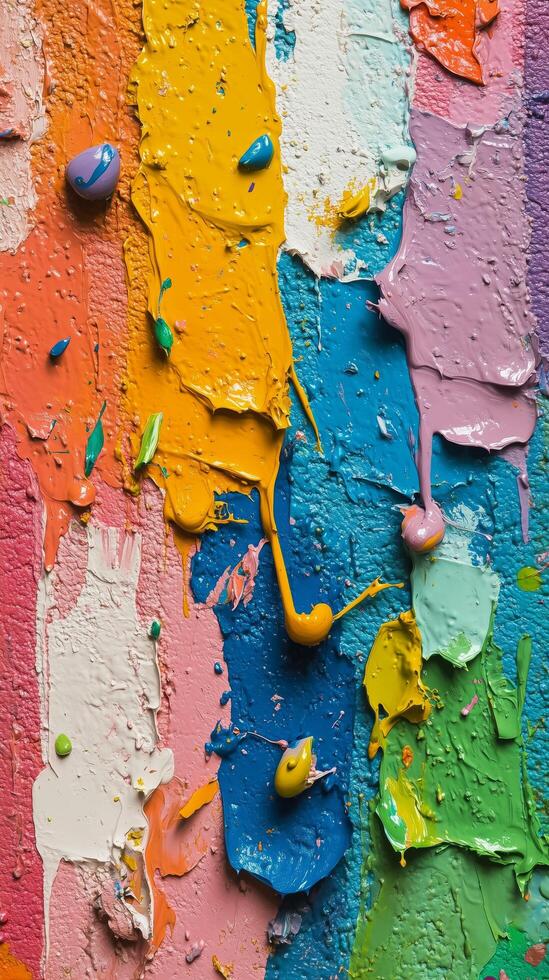 Colorful abstract paint drips create vibrant textures on a canvas surface. photo