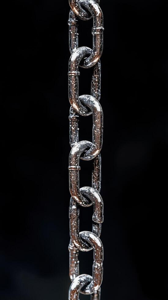 Close-up view of a shiny metallic chain hanging against a dark background. photo