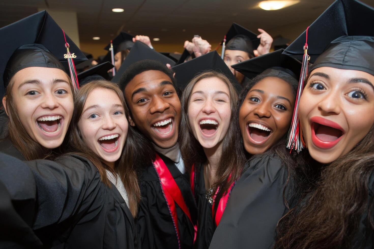 Graduates celebrate their achievement outdoors during a commencement ceremony in spring. photo