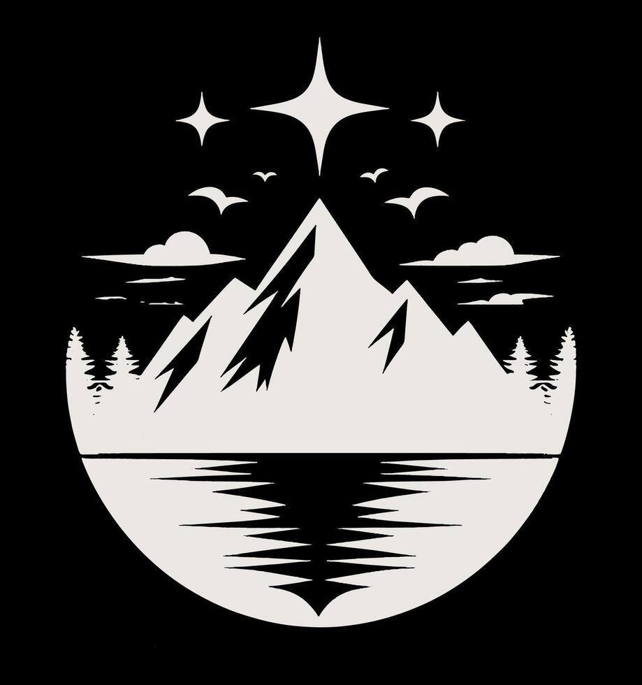 A mountain and lake with stars in the sky vector