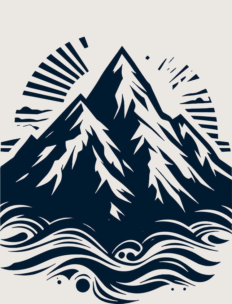 Mountain with waves and sun on a white background vector